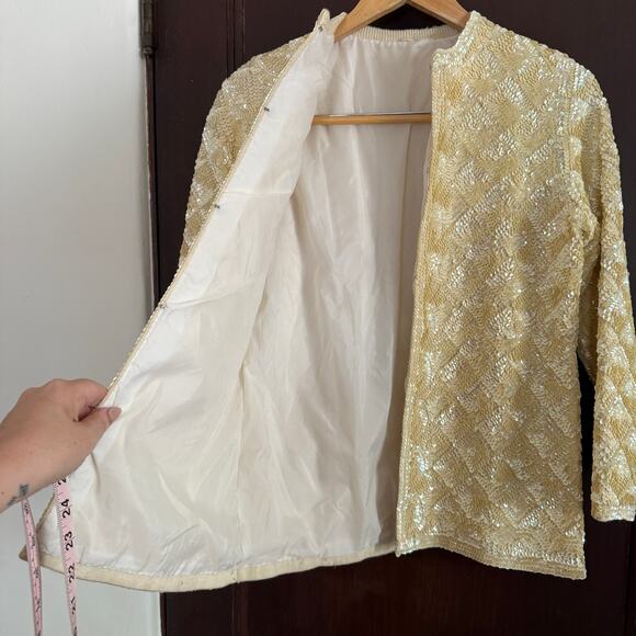 1950s Vintage  Creamy Butter Yellow Sequin Patterned Evening Jacket Blazer XS - Picture 9 of 9